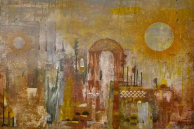 AbstraktnÍ obraz autorky Hanele, malba akrylem v rozměru: 150x100cm, zemité barvy rzi, krajina, město, planeta, slunce, postava