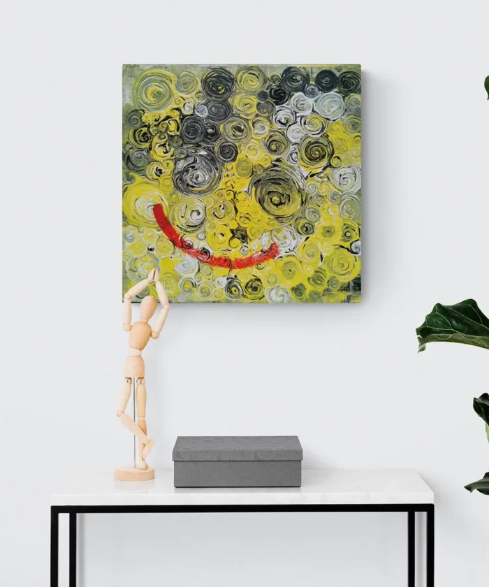 Abstrakní obraz 40x40cm - žlutý - TRIPPY úsměv na zdi od autorky Hanele_CZ kruhy a spirály