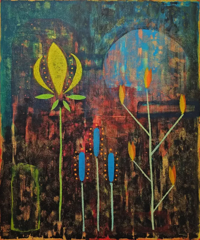 Větší abstraktní obraz Planeta X, 100x120cm, akryl na plátně, autorka - Hanele